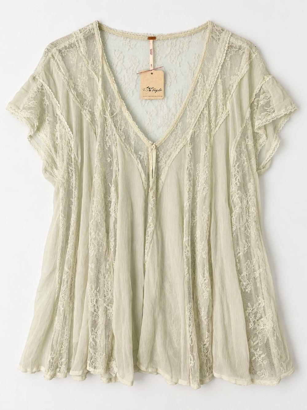 Free People Farrah Lace Top Short Sleeve Mint Green Large Mineral Sea NWT